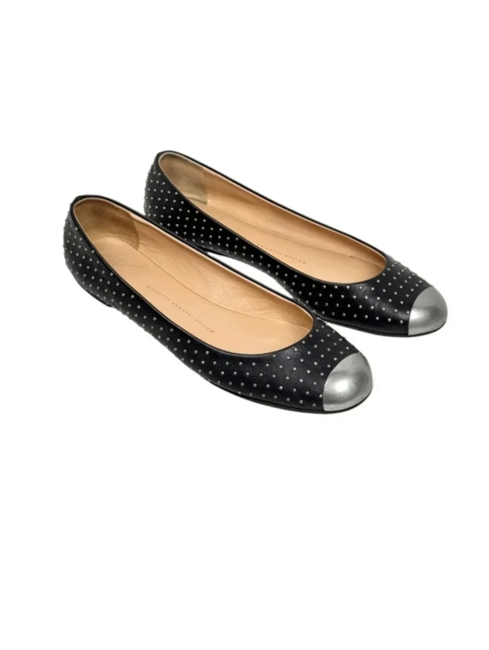 Giuseppe Zanotti Black Studded Ballet Flats with Silver Cap Toe